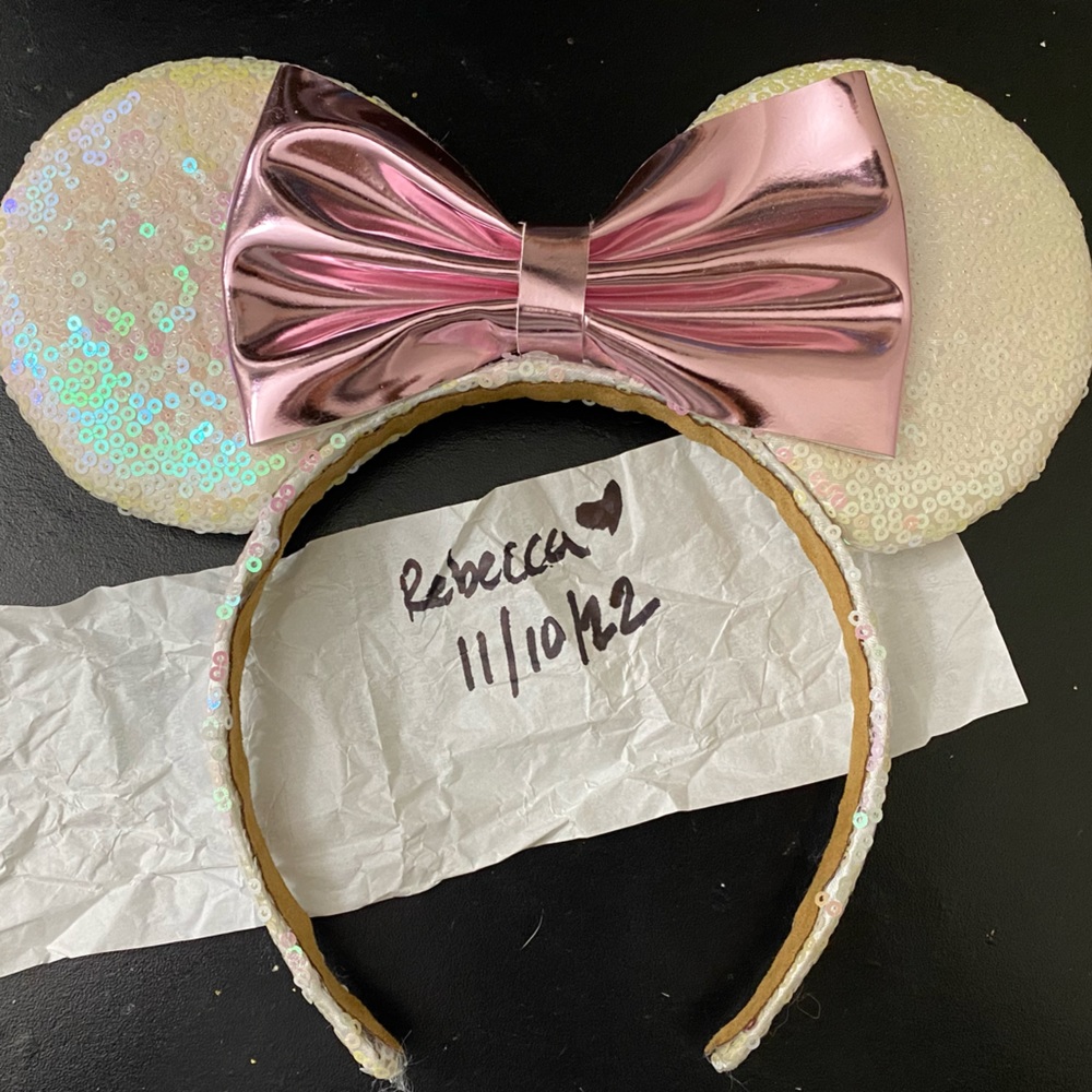 White and pink custom Minnie ears